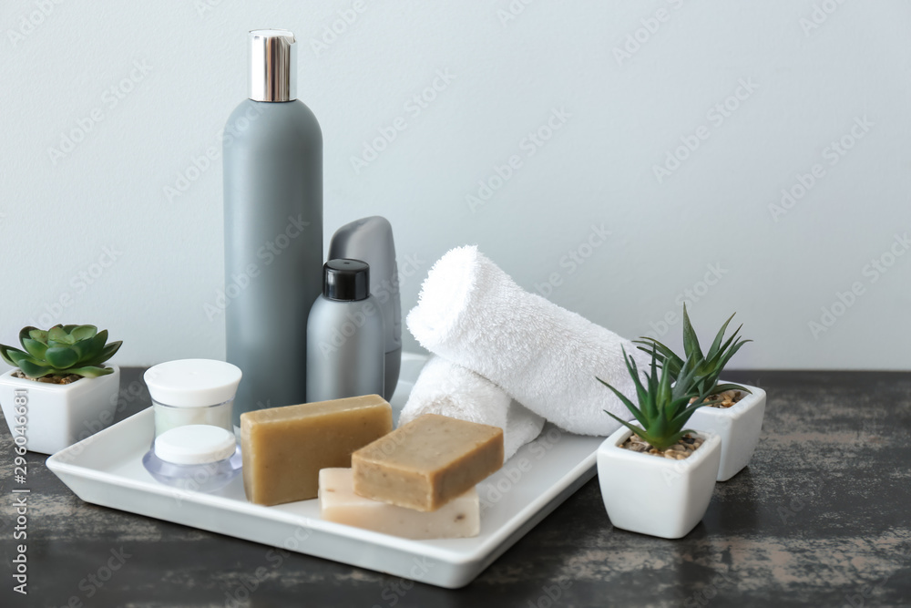 Cosmetics for personal hygiene on table
