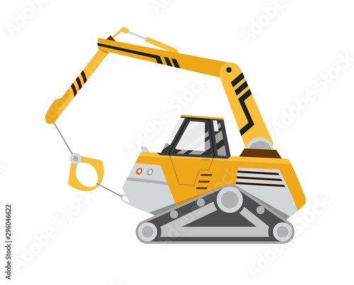 Machine for the destruction of buildings. Yellow excavator. Isolated on white background. Special equipment. Construction machinery. Vector illustration.