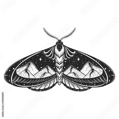 Butterfly double exposure tattoo with mountains. Symbol of freedom, travel