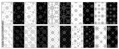 The set of 10 lacy refined black and white vector seamless patterns with mandala elements on black and white background