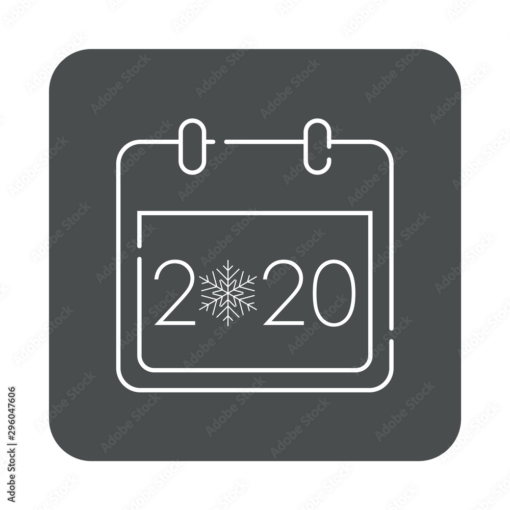 Icono plano lineal calendario año 2020 con copo nieve en cuadrado color gris Icono plano lineal calendario año 2020 con copo nieve en cuadrado color gris
