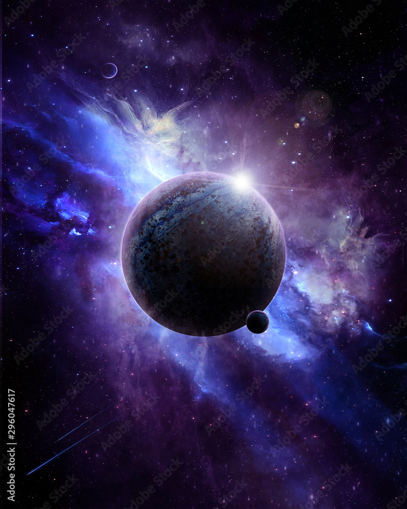 beautiful bright illustration - planet in space in purple tones - obrazy, fototapety, plakaty 