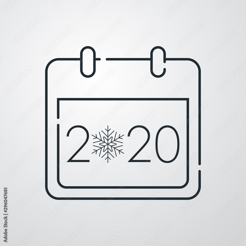 Icono plano lineal calendario año 2020 con copo nieve en fondo gris Icono plano lineal calendario año 2020 con copo nieve en fondo gris