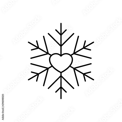 Icono plano lineal copo de nieve con corazón en color negro