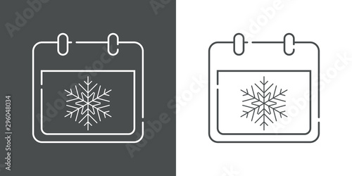 Icono plano lineal calendario con copo de nieve en gris y blanco