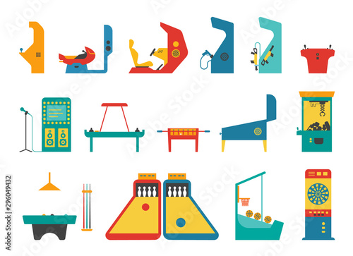 Icon set of various gaming machines. Machines for entertainment and fun. Flat vector illustration.