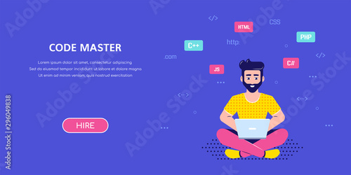 programmer man character design, flat style illustration