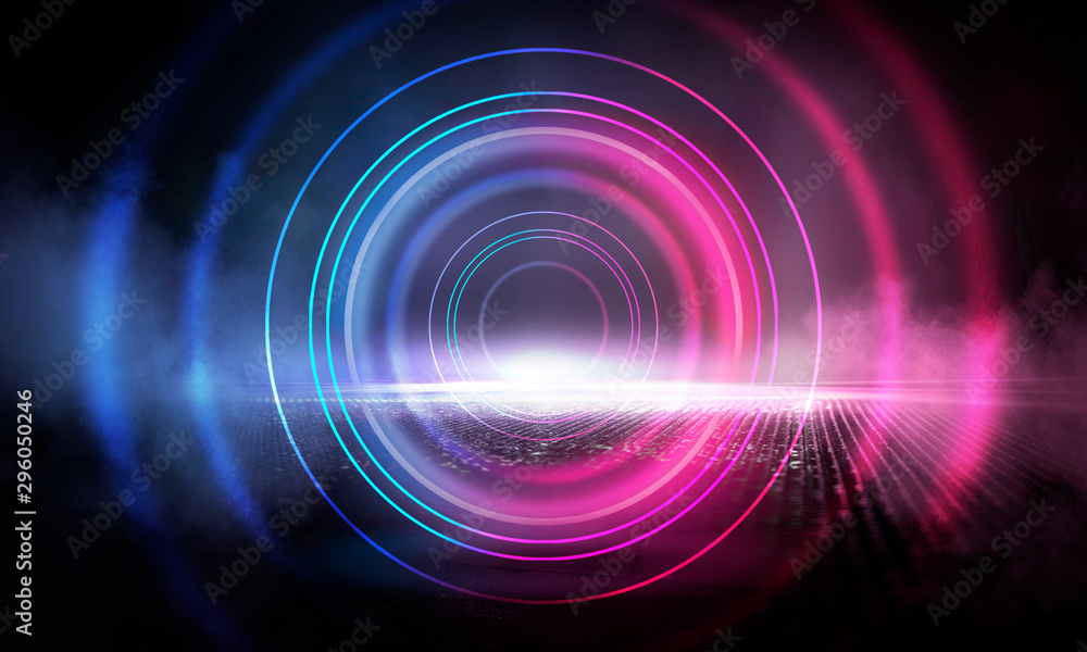 Neon circle on the background of a dark old brick wall, street, wet asphalt. Blue and pink neon, smoke, smog. Night view of the street with neon. Abstract neon dark background. Neon circle on the background of a dark old brick wall, street, wet asphalt. Blue and pink neon, smoke, smog. Night view of the street with neon. Abstract neon dark background.