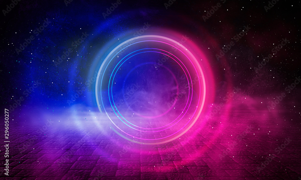 Neon circle on the background of a dark old brick wall, street, wet asphalt. Blue and pink neon, smoke, smog. Night view of the street with neon. Abstract neon dark background. Neon circle on the background of a dark old brick wall, street, wet asphalt. Blue and pink neon, smoke, smog. Night view of the street with neon. Abstract neon dark background.