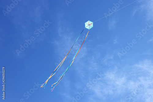 Colorful kite flying and blue sky as background