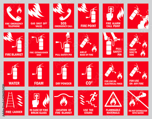 Set of fire safety signs. Collection of warning signs. Vector illustration. Signs of danger. Signs of alerts. Fire icons.