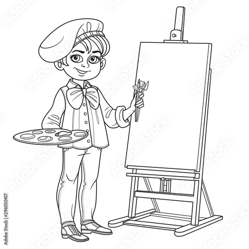 Cute boy in artist costume with palette and brushes near the easel outlined for coloring page