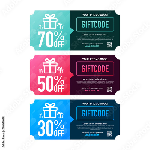 Template red and blue gift card. Promo code. Vector Gift Voucher with Coupon Code. Vector illustration.