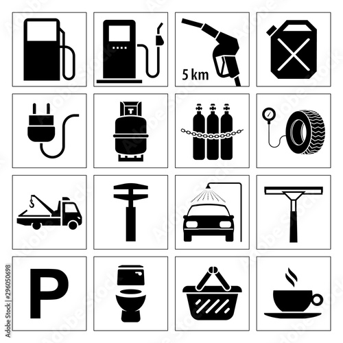 Collection of icons for gas station. Very useful and usable set of pictograms for gas station and other services on the road.