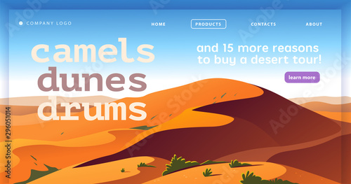 Vector landing page design template with beautiful flat hot desert dunes landscape illustration. Special offer, vacation discount banner concept. For travel agency, touristic firm