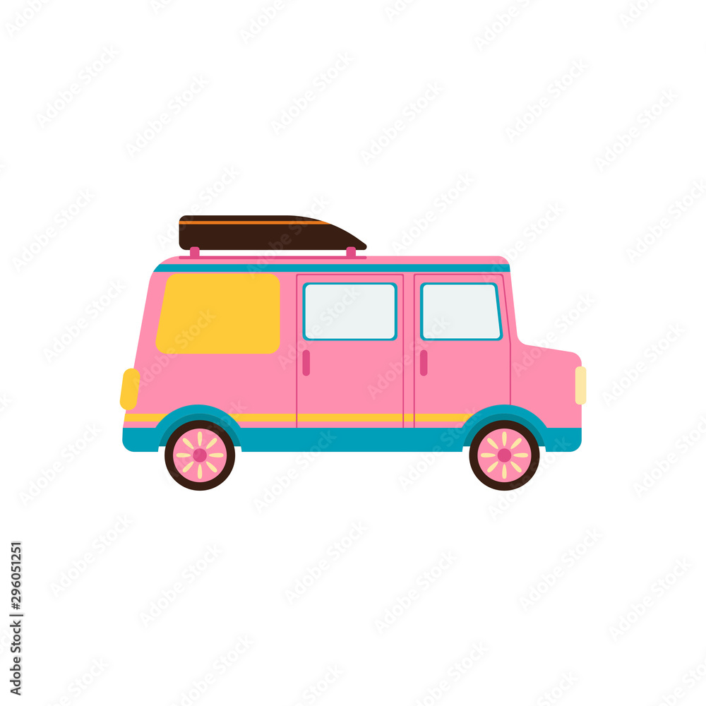 Pink car for travel. Campervan. Van life movement. Vector illustration in freehand drawn style