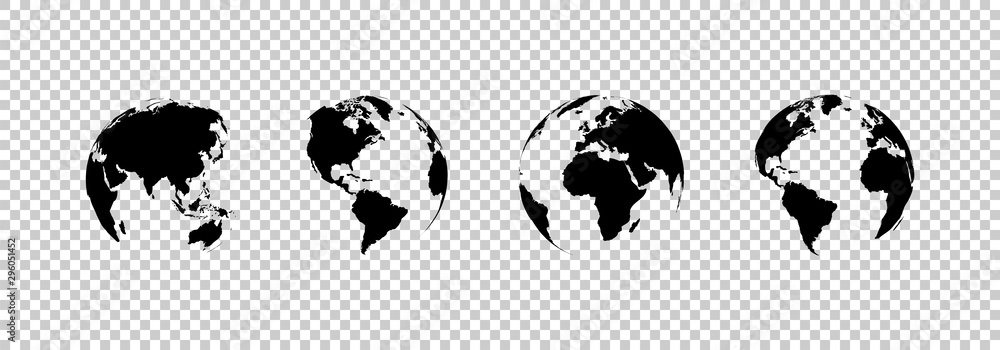 Obraz kolekcja glob ziemi. zestaw globusy czarnej ziemi, na przezroczystym tle. cztery ikony mapy świata w płaskiej konstrukcji. kula ziemska w nowoczesnym prostym stylu. mapy świata do projektowania stron internetowych. wektor