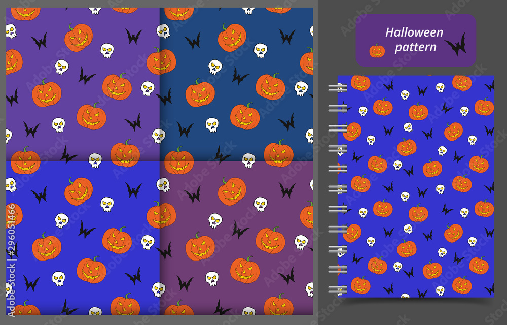 Seamless halloween pattern with pumpkin, bat, skull. Vector illustration of repeat halloween background for print, cover, textile, wrapping paper, scrapbook design.
