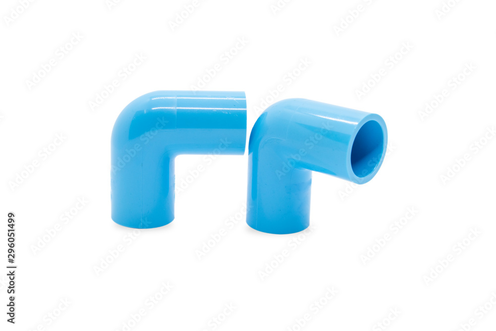 PVC blue pipe elbow 90 degree connect fitting isolated white background. PVC blue pipe elbow 90 degree connect fitting isolated white background.
