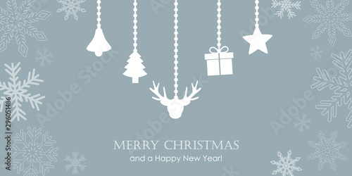 christmas greeting card with snowflake border and hanging decoration reindeer bell tree gift and star vector illustration EPS10