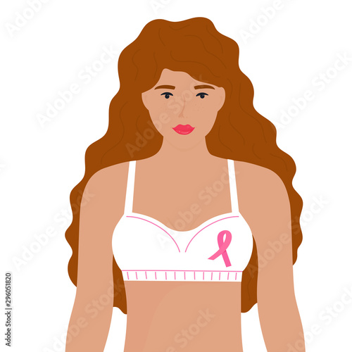 National Breast Cancer Awareness Month. A girl with red curly hair in a bra with a pink ribbon.