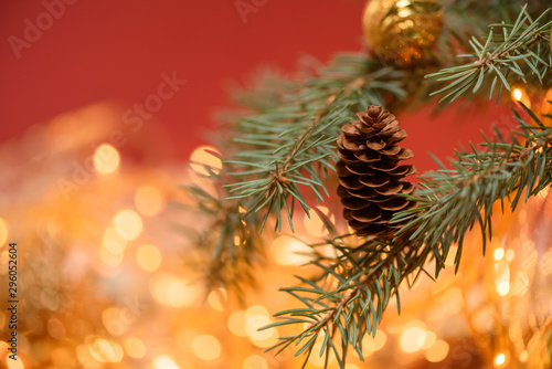 Christmas fir cone on a spruce branch on the background of a Christmas garland . the view from the top. template for postcards .