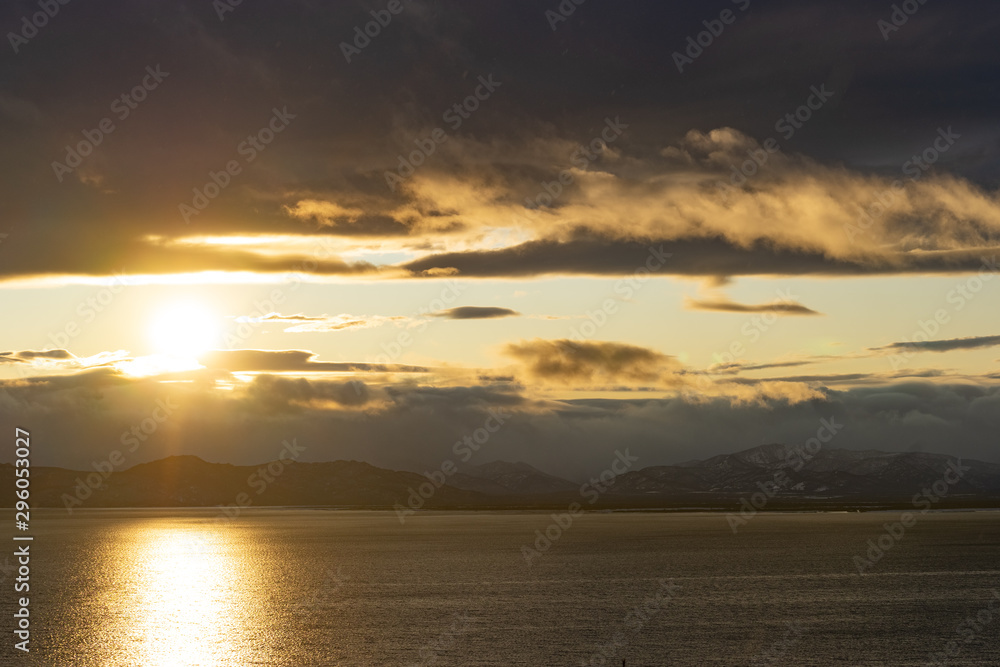 Russia, the Far East, Kamchatka, sunset over the Avachinskaya Bay.