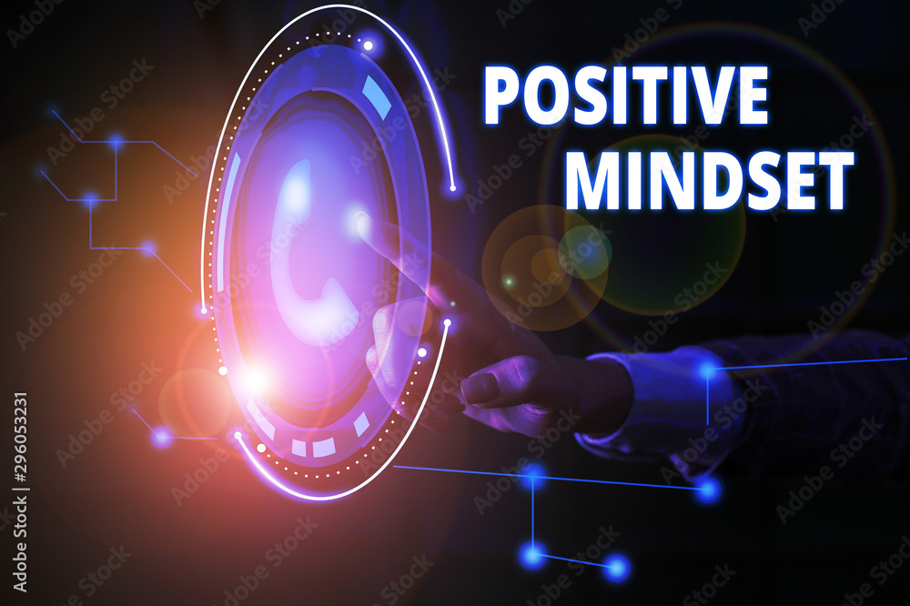 Handwriting text Positive Mindset. Conceptual photo mental attitude in wich you expect favorable results Lady presenting hand blue glow futuristic modern technology tech look contact