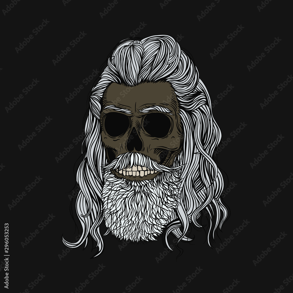 Bearded skull with long gray hair. Stylish men's hairstyle and beard.  Picture for halloween, barbershop and clothes. Stock Vector | Adobe Stock