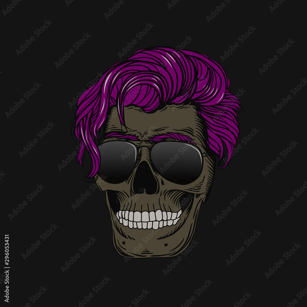 Fototapeta premium Skull with purple hair and glasses. Stylish men's hairstyle and beard. Picture for halloween, barbershop and clothes.