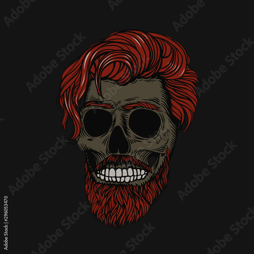 Bearded skull with ginger hair. Stylish men's hairstyle and beard. Picture for halloween, barbershop and clothes.