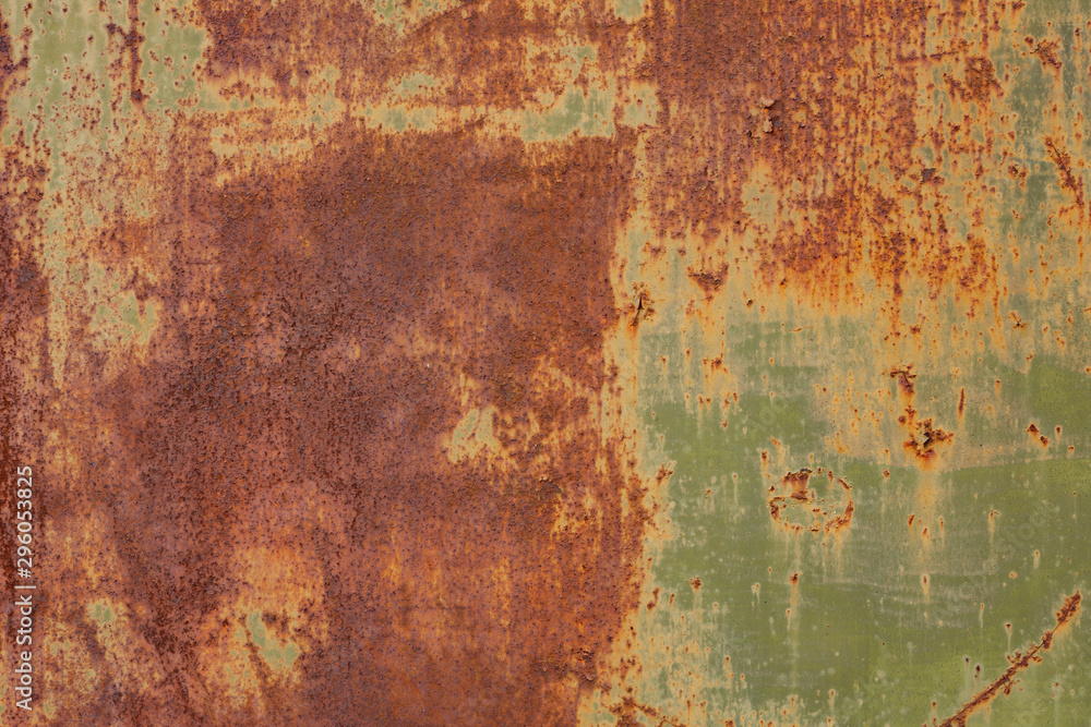 Rusty metal wall, old sheet of iron covered with rust and corrosion paint. Oxidized iron panel. Texture or background.