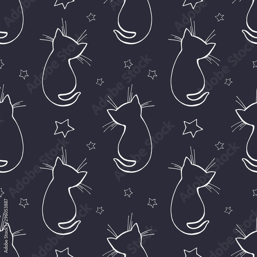 Seamless colorful cat pattern vector illustration. Little kitten and stars