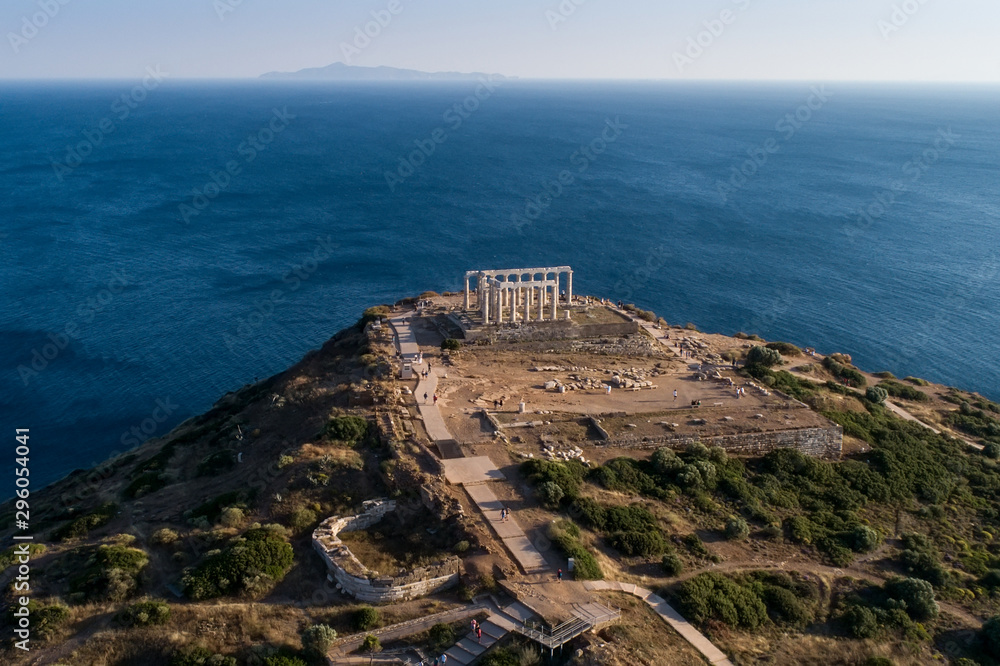 Aerial view over the ancient Temple of Poseidon at Cape Sounio, Attica, Greece