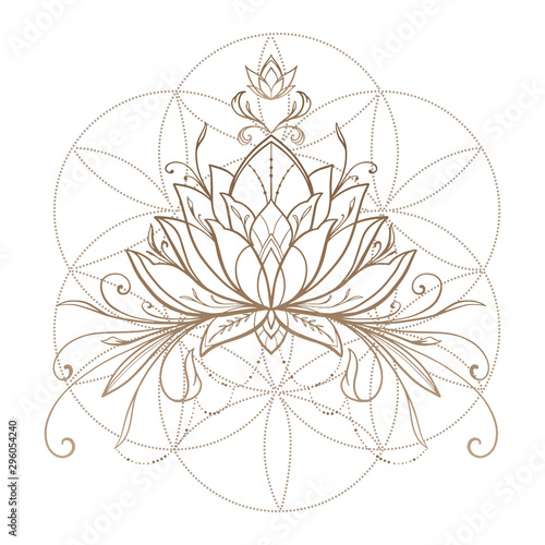 Filigree lotus flower, golden vector, hand drawn on geometry sign