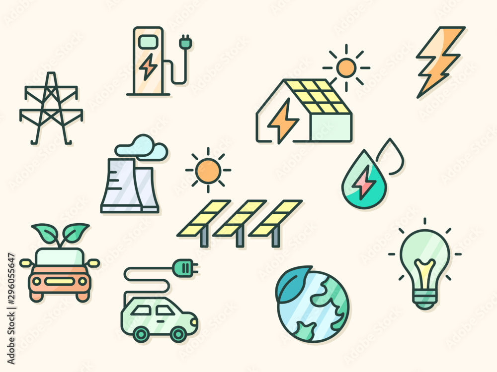 Vector illustration of a energy and ecology elements. Contains such as Energy industry, solar panels, oil, green car and more. Flat illustration style line drawing and background color beige.