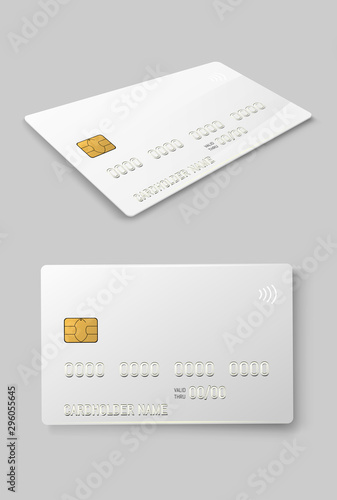 White credit plastic card with emv chip. Contactless payment