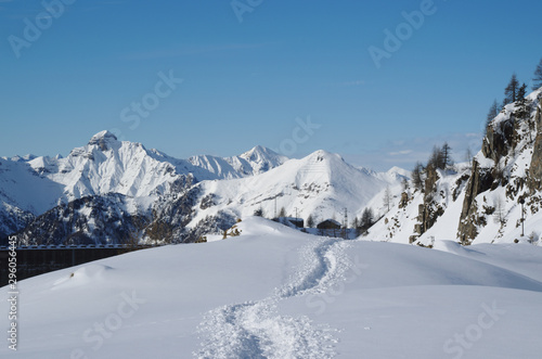 Winter mountains. Track in the snow.