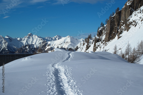 Winter mountains. Track in the snow.