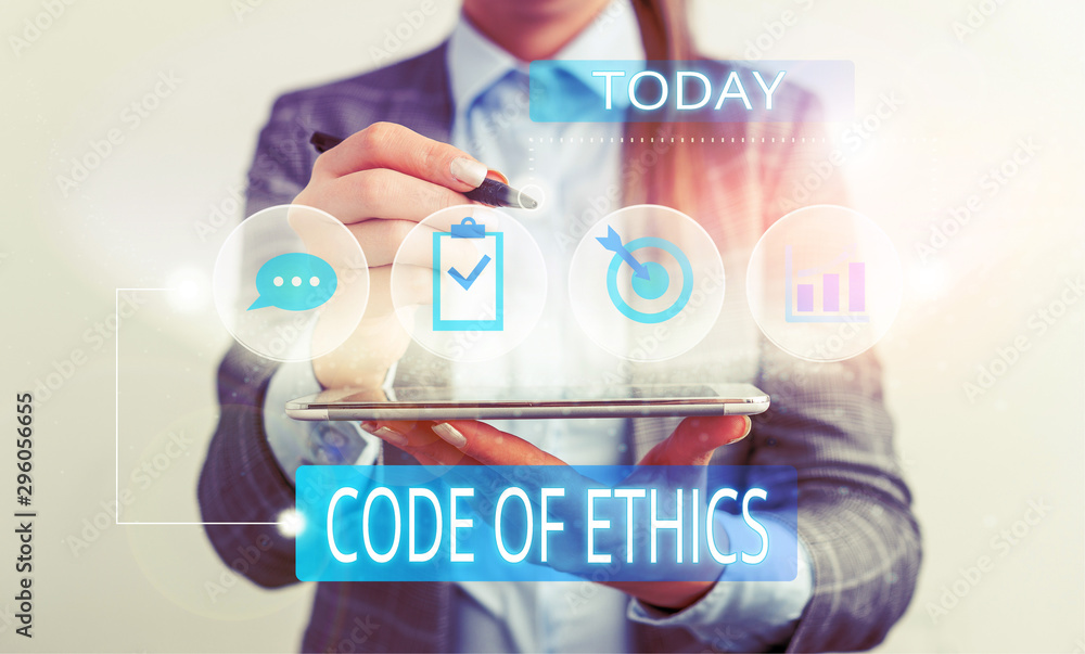 Handwriting text Code Of Ethics. Conceptual photo basic guide for professional conduct and imposes duties Female human wear formal work suit presenting presentation use smart device