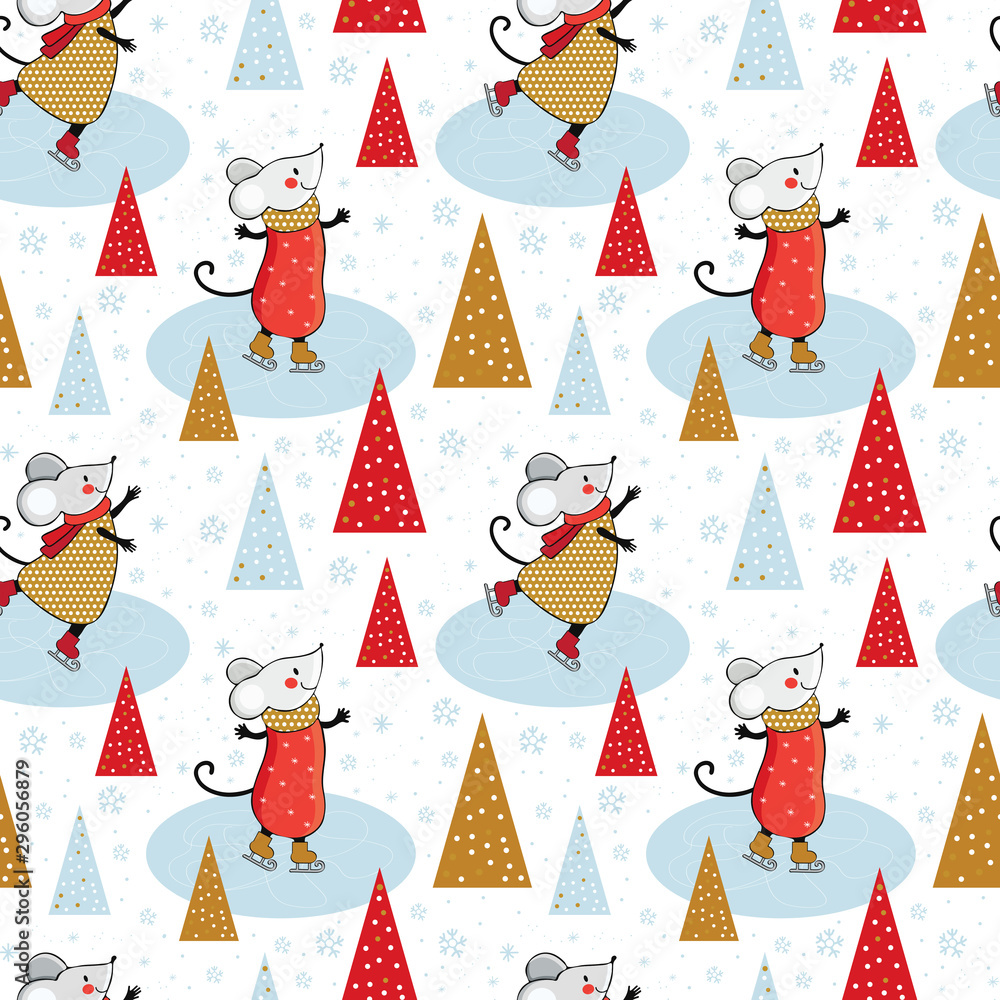Plakat Seamless pattern cartoon mouse skating on ice. Cute mice engaged in winter sports. Christmas background. Funny animal playing in winter. Figure skating. Hand drawn. Scandinavian