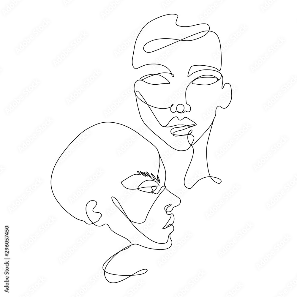 Continuous line vector drawing. Set of faces silhouettes. Abstract portrait. Continuous line vector drawing. Set of faces silhouettes. Abstract portrait.