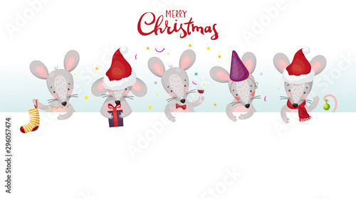 New Year banner with mice and rats. Cute christmas animals with place for your text. Flat vector cartoon characters with white signboard/