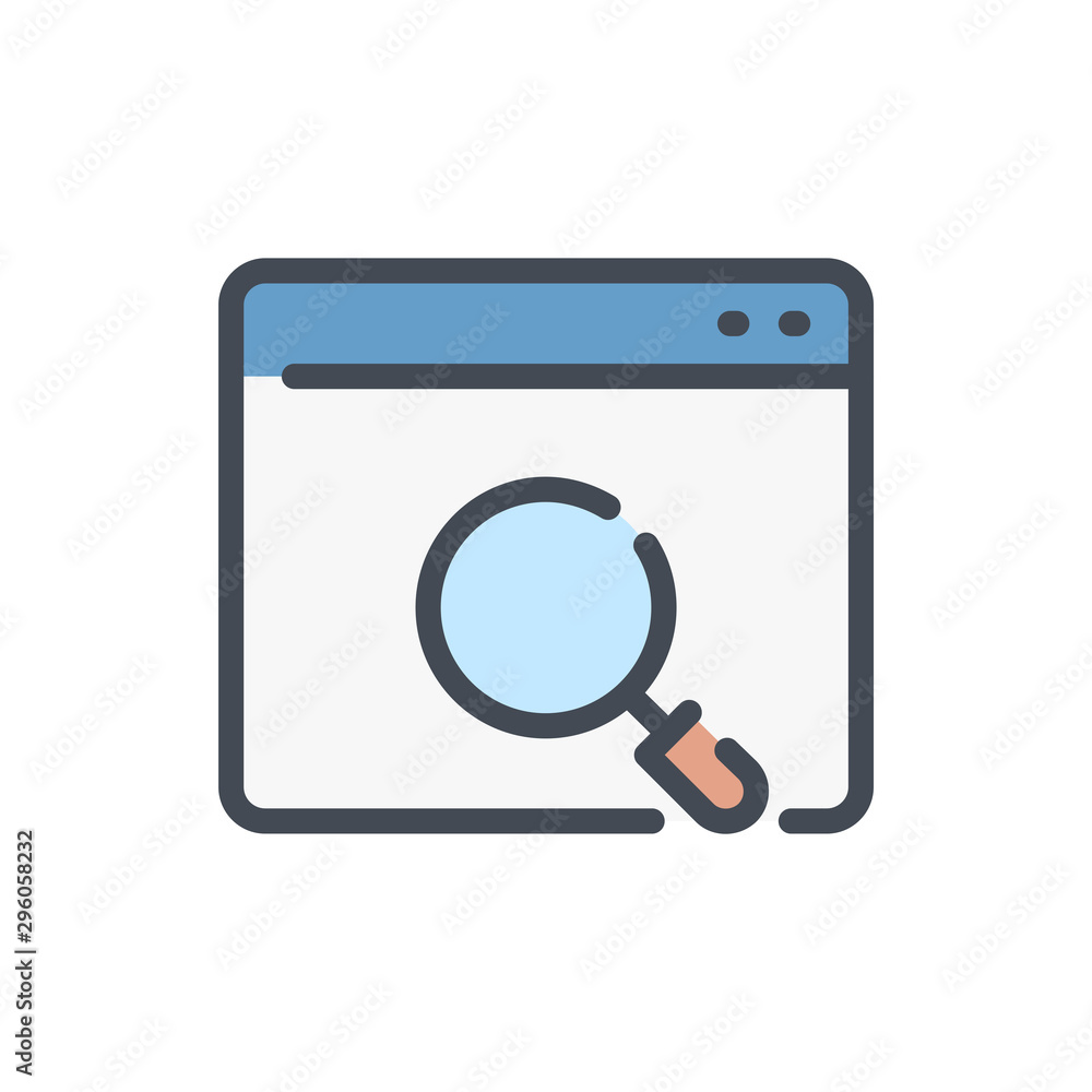 Website search color line icon. Web page with magnifier vector outline colorful sign. Website search color line icon. Web page with magnifier vector outline colorful sign.