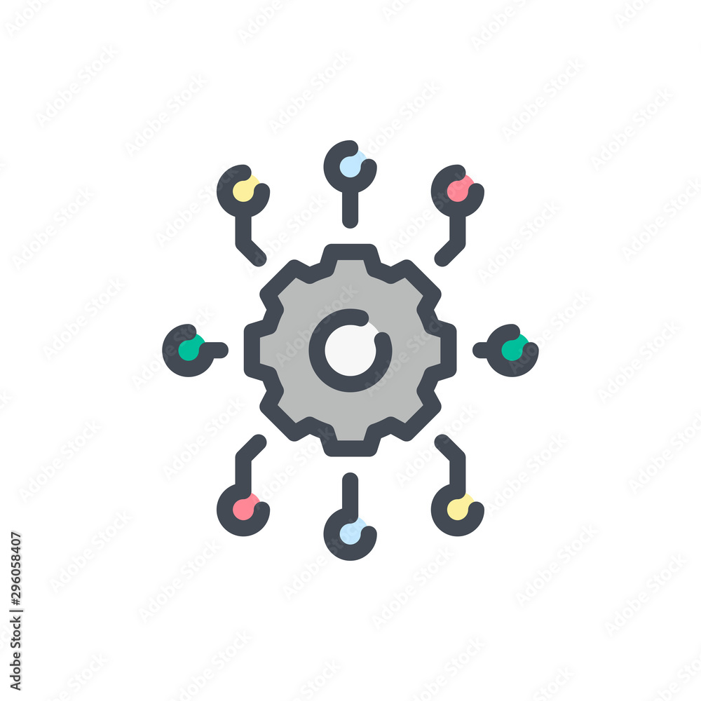 Settings connection color line icon. Gear with link points vector outline colorful sign. Settings connection color line icon. Gear with link points vector outline colorful sign.