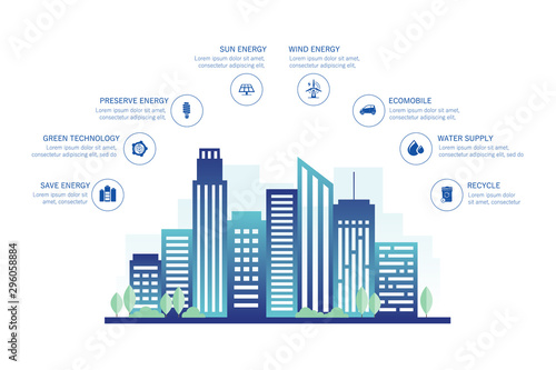 Urban landscape with infographic elements. Smart city. Modern eco city. Concept website template. Eps 10 vector illustration.