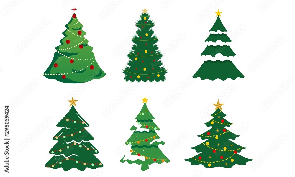 Naklejka Set of christmas tree silhouette with decorations, vector illustration isolated on white background, template for design, greeting card, invitation.