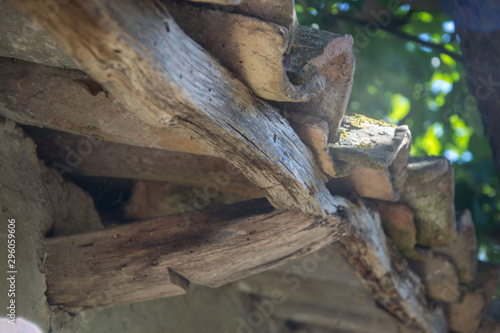Close-up of damaged wood  rooftop details. Texture and details  rural background