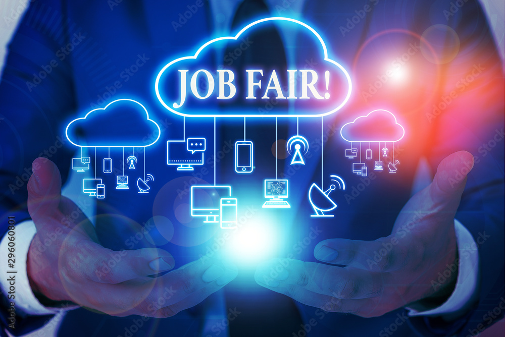 Obraz premium Word writing text Job Fair. Business photo showcasing event in which employers recruiters give information to employees Male human wear formal work suit presenting presentation using smart device