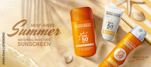 Flat lay summer sunscreen banner ad
